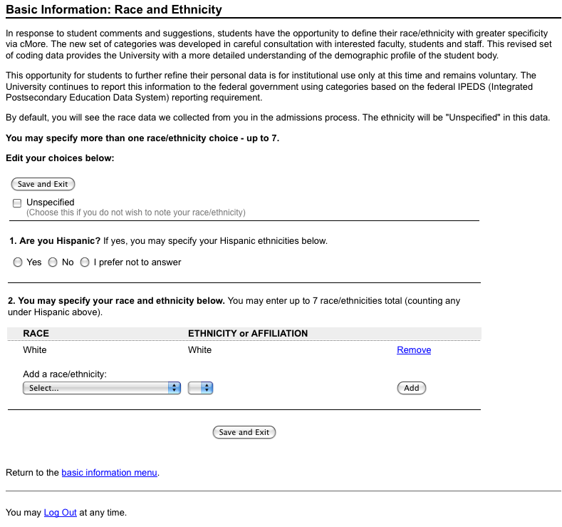 Race & Ethnicity: One selection - default from admissions data